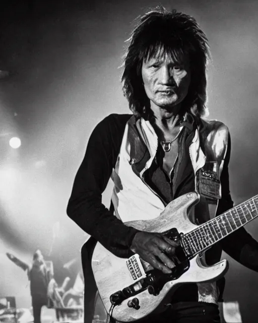 Image similar to sixty years old viktor tsoi with guitar in his hands, photo, microphone, rock concert, black and white, iso 6 0 0, 3 5 mm, codac gold