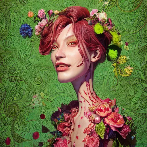 Image similar to the portrait of an absurdly beautiful, graceful, elegant, sophisticated, fashionable woman made of strawberries and green petals looking up, an ultrafine hyperdetailed illustration by kim jung gi, irakli nadar, intricate linework, bright colors, octopath traveler, final fantasy, unreal engine 5 highly rendered, global illumination, radiant light, detailed and intricate environment