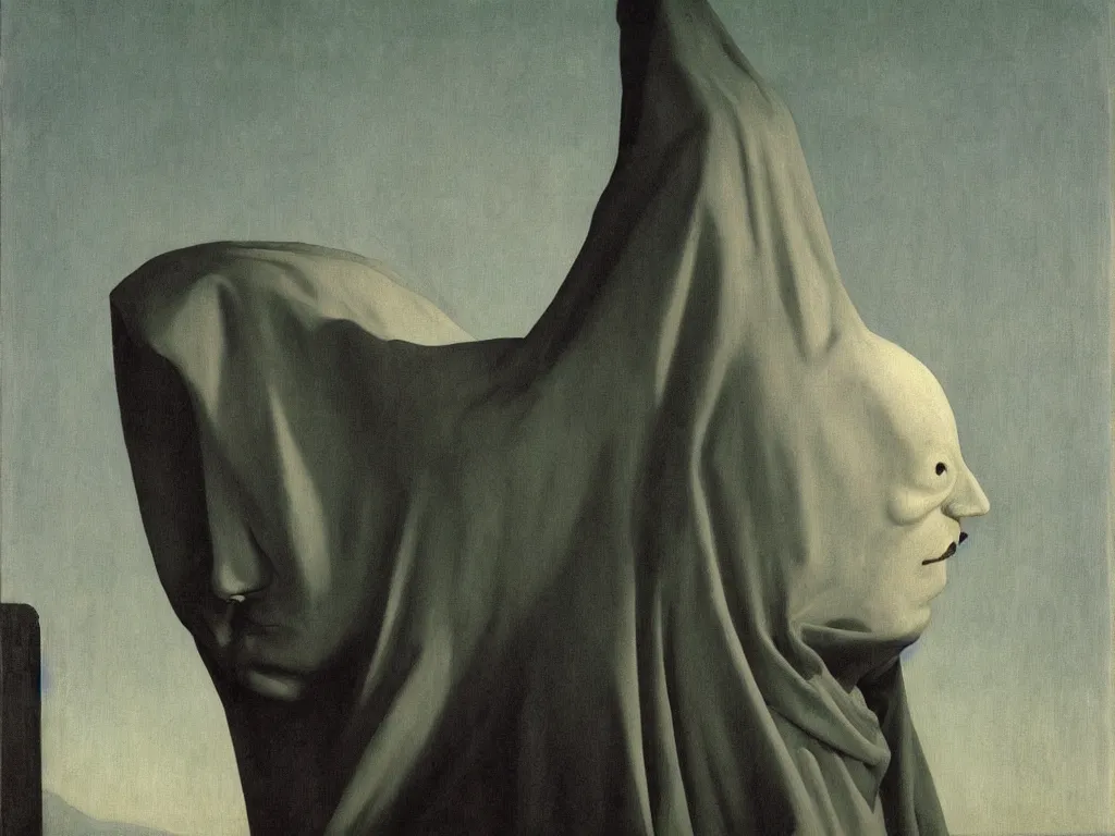 Image similar to Portrait of a albino hooded white cloaked man. Sacred wound. The land of the cloaked mountain, flower ridges, overflowing milk. Aurora Borealis, African mask, acid rains, exotic animal teeths. Painting by Georges de la Tour, Rene Magritte, Jean Delville, Max Ernst, Caspar David Friedrich