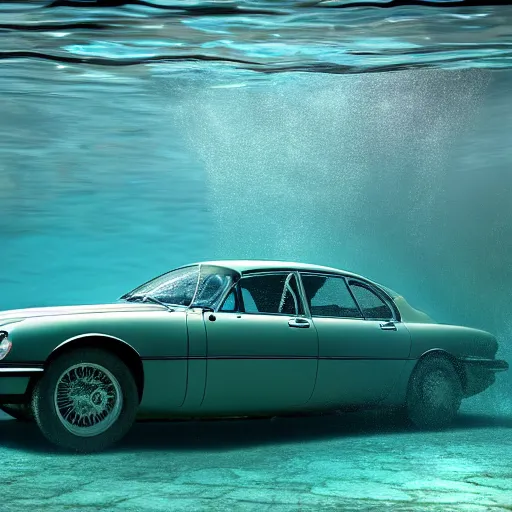 Image similar to hyperrealistic photo of an old jaguar car underwater in a swimming pool, 4 k, 8 k, thin film, full shot