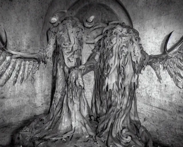 Image similar to camera footage of weeping angels with horns, Russian Cultist, False Human Features, Diablo 3, abandoned shopping mall, Psychic Mind flayer, Terrifying, Insanity :7 , high exposure, dark, monochrome, camera, grainy, CCTV, security camera footage, timestamp, zoomed in, Feral, fish-eye lens, Fast, Radiation Mutated, Nightmare Fuel, Ancient Evil, No Escape, Motion Blur, horrifying, lunging at camera :4 bloody dead body, blood on floors, windows and walls :5