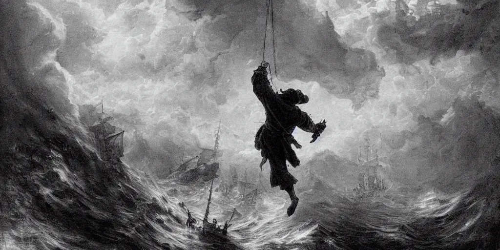 Prompt: Cinematic concept Art for film directed by Terrence Malick close up of a pirate swinging onto a ship, dramatic, dynamic angle, cinematic lighting, hyperdetailed, in the style of Gustave Doré