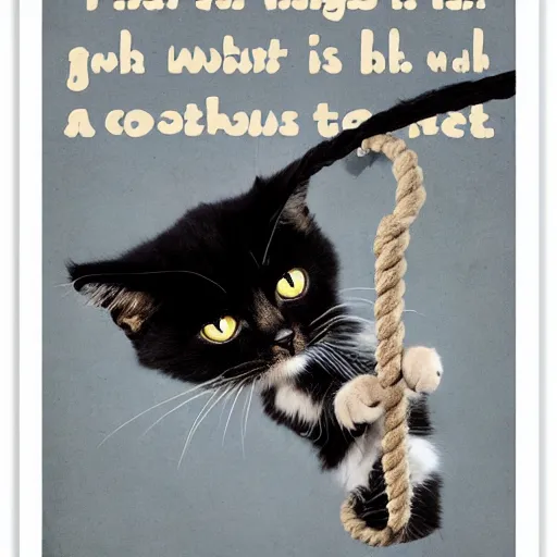 Image similar to a poster of a cat hanging onto a rope with a caption at the bottom of the poster that says hang in there