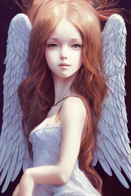 Image similar to beautiful maiden with angelic wings, intricate, elegant, highly detailed, artstation, concept art, illustration, art by Yoshitaka Amano, Sakimichan, Kuvshinov Ilya, tsuaii