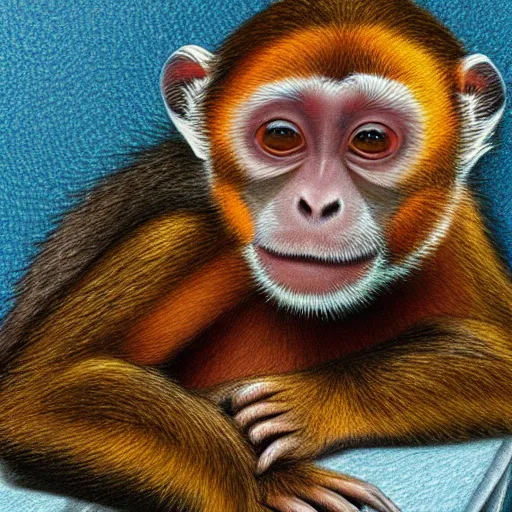 Image similar to Colored pencil art on paper, Pet monkey sleeping on a chair, highly detailed, artstation, MasterPiece, Award-Winning, Caran d'Ache Luminance