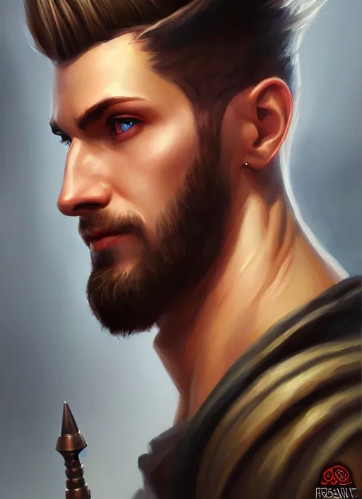 Image similar to a _ fantasy _ style _ portrait _ painting _ of male, medium dark blonde pulled back side part and blonde stubble, rpg dnd oil _ painting _ unreal _ 5 _ daz. _ rpg _ portrait _ extremely _ detailed _ artgerm _ greg _ rutkowski _ greg