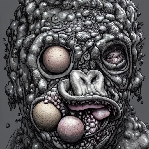 Image similar to measles on a deformed hideous pustule covered monkey, sores, bumps, skin wounds, surface hives, growths, horror, fantasy, highly detailed, by Dan Hillier, ooze, slime, in background nebula of bacteriophages