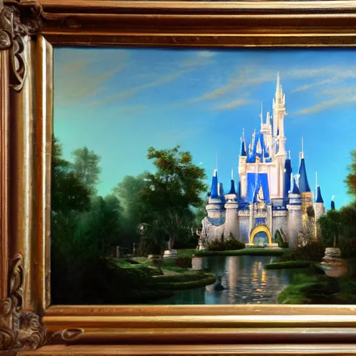 Prompt: Cinderella Castle at Magic Kingdom, beautiful detailed landscape painting in the style of 19th century Hudson River school of Art