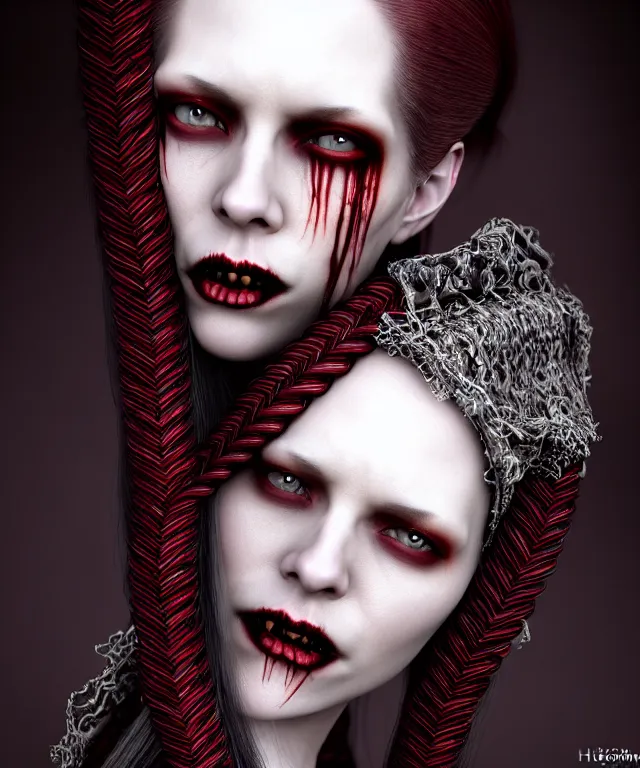 Prompt: highly detailed photo portrait of a beautiful female vampire, long braided silvered hair, depressing hopeless horrific vibe, 150 mm lens, soft rim light, bold crimson ornate robes, pronounced facial contouring, devious evil expression, pale skin, Alexander McQueen, high fashion, haute couture, rococo, anatomical, elegant, hyper realistic, octane render, unreal engine, art by Dora Maar and P. Craig Russell and Barry Windsor-Smith, volumetric lighting, 8k, vibrant high contrast coloring