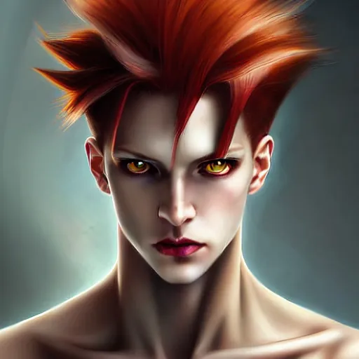 Prompt: portrait of hisoka morow hunter hunter, male, very thin pursed lips extremely sharp jaw yellow eyes narrow almond eyes sultry eyes red hair soft bunched hair swept back crimson medium length hair, anime, fantasy, intricate, elegant, highly detailed, digital painting, artstation sharp focus, madonna bowie art by artgerm and greg rutkowski and alphonse mucha