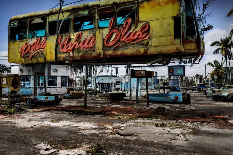 Image similar to low wide angle shot of dilapidated fallout 5 miami, tropical coastal city, desolate, dilapidated neon signs, few rusted retro futuristic vintage parked vehicles like cars, buses, trucks, trams, sunny weather, few clouds, volumetric lighting, photorealistic, daytime, spring, sharp focus, ultra detailed, 4 0 0 0 k