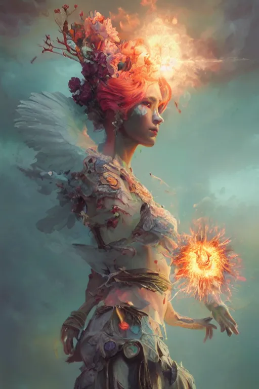 Image similar to beautiful girl necromancer, witch - doctor exploding into flowers, angels, 3 d render, hyper - realistic detailed portrait, holding fire and electricity rainbow, ruan jia, wlop. scifi, fantasy, magic the gathering, hyper detailed, octane render, concept art, peter mohrbacher