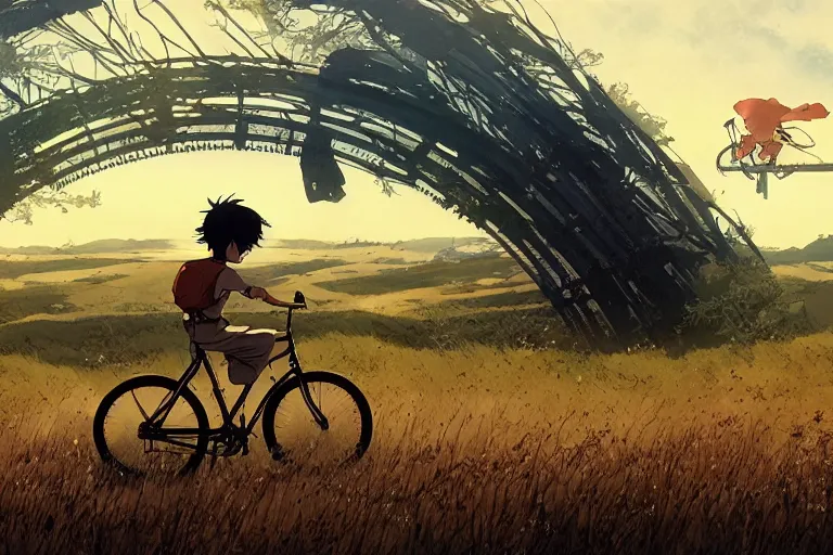 Prompt: a boy riding his bike alone through the plains of rural japan, high intricate details, rule of thirds, golden ratio, cinematic light, anime style, graphic novel by fiona staples and dustin nguyen, by beaststars and orange, peter elson, alan bean, studio ghibli, makoto shinkai