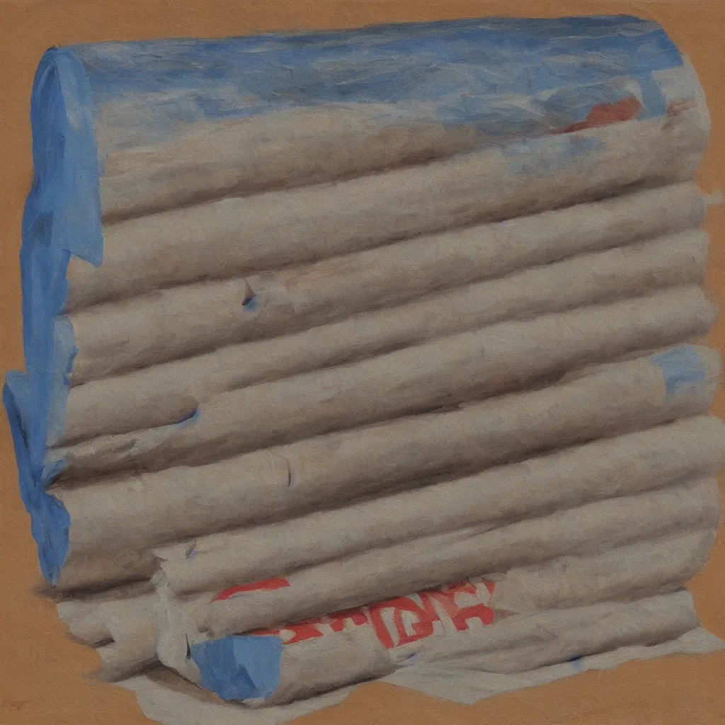 Image similar to oil painting of a very thick roll of newspaper standing vertically against a blue background, impressionist artwork