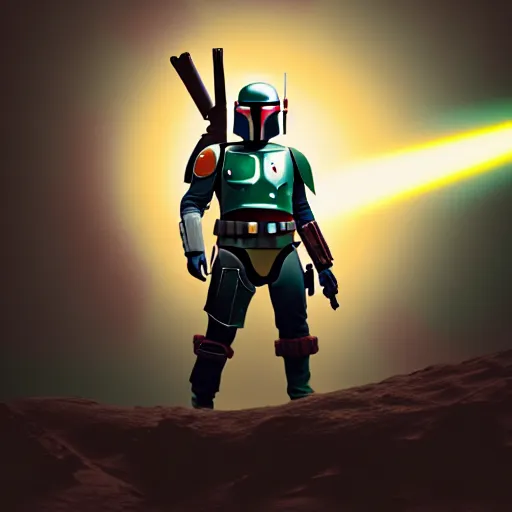 Image similar to boba fett and mandalorian standing proudly shoulder to shoulder ultra realistic, lens flare, atmosphere, glow, detailed, intricate, full of colour, cinematic lighting, trending on artstation, 4 k, hyperrealistic, focused, extreme details, unreal engine 5, cinematic, masterpiece, ultra realistic, hyper realistic, highly detailed, sharp focus, digital art