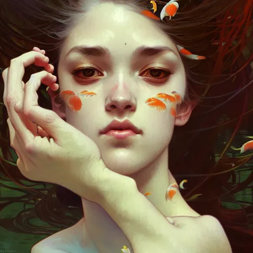 Image similar to Portrait of a girl surrounded by Koi fish, face, fantasy, intricate, elegant, highly detailed, digital painting, artstation, concept art, smooth, sharp focus, illustration, art by Krenz Cushart and Artem Demura and alphonse mucha