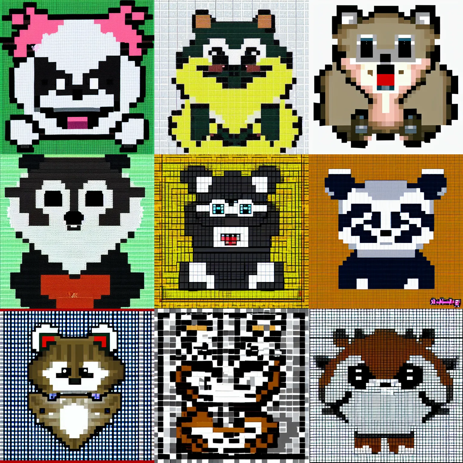 Prompt: a pixel art of a cute raccoon smiling