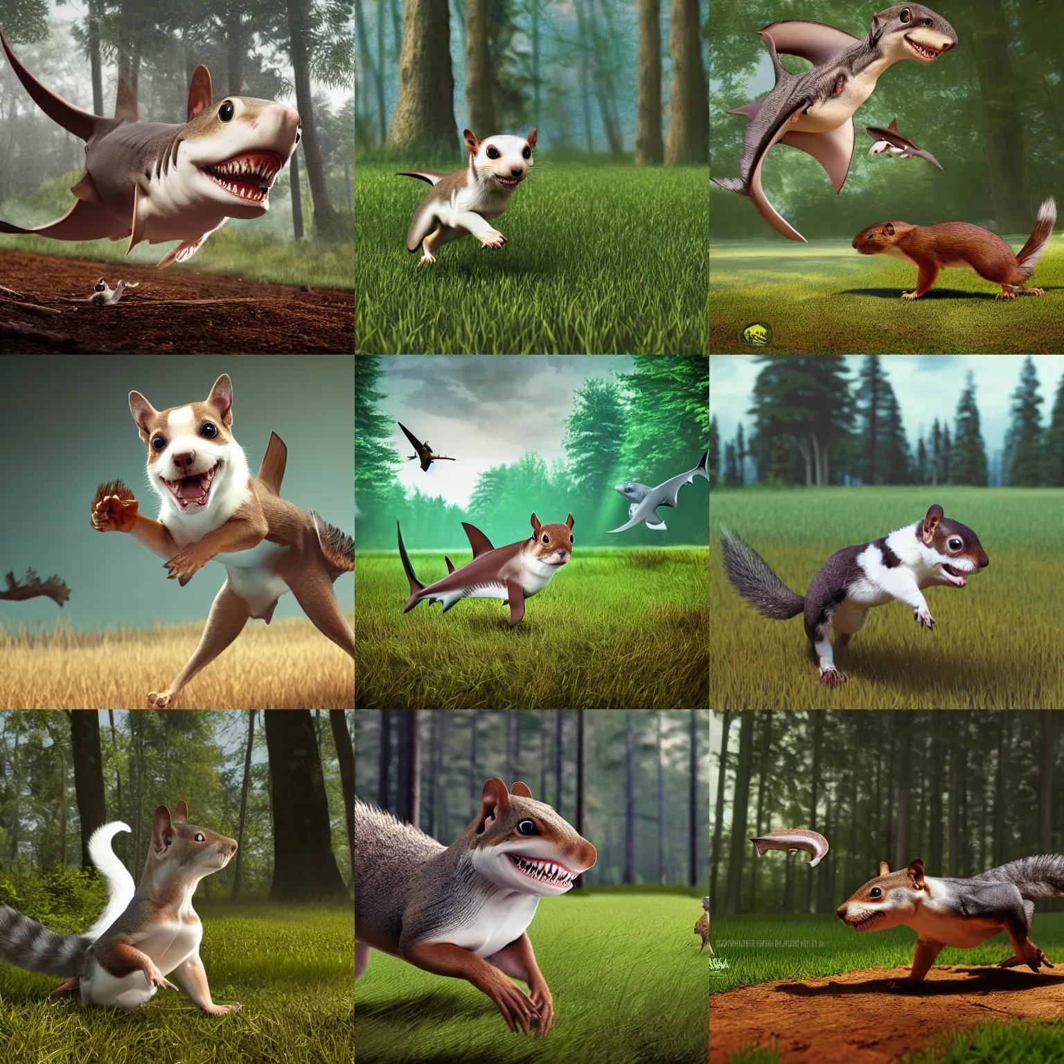 Prompt: a shark puppy hybrid mix chasing a small brown squirrel in an open field, the sky is beautiful and clear, with a forest in the background. Highly detailed, octane render, art station, 4k, high quality