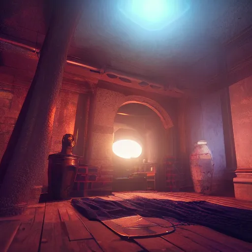 Image similar to a glowing time machine, realistic, atmospheric, rendered in unreal engine, dramatic lighting