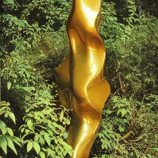 Prompt: vintage color photo of a giant 1 1 0 million years old abstract liquid gold sculpture shinning and covered by the jungle vines