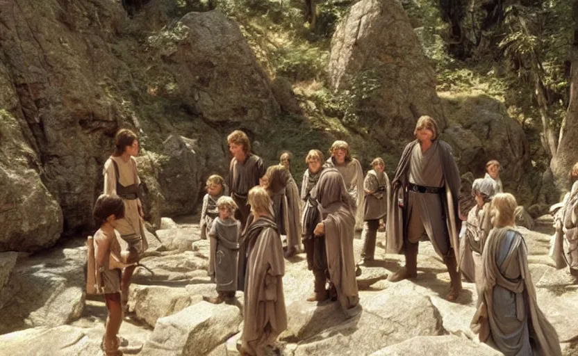 Prompt: screenshot of Luke Skywalker teaching a close of young padawans outside a rocky Jedi Temple scene from The Force Awakens, 1970s film by Stanley Kubrick, serene, iconic scene, Mark Hammil portrait, stunning cinematography, hyper-detailed, sharp, anamorphic lenses, kodak color film, 4k