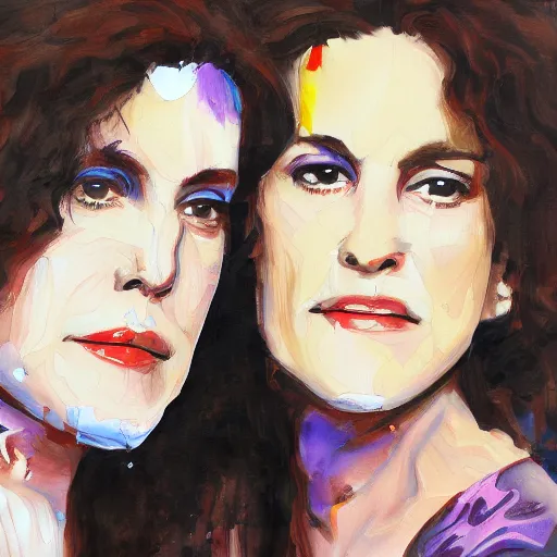 Image similar to a messy painting of twin sisters. Wendy and Susannah Melvoin. Trending on ArtStation