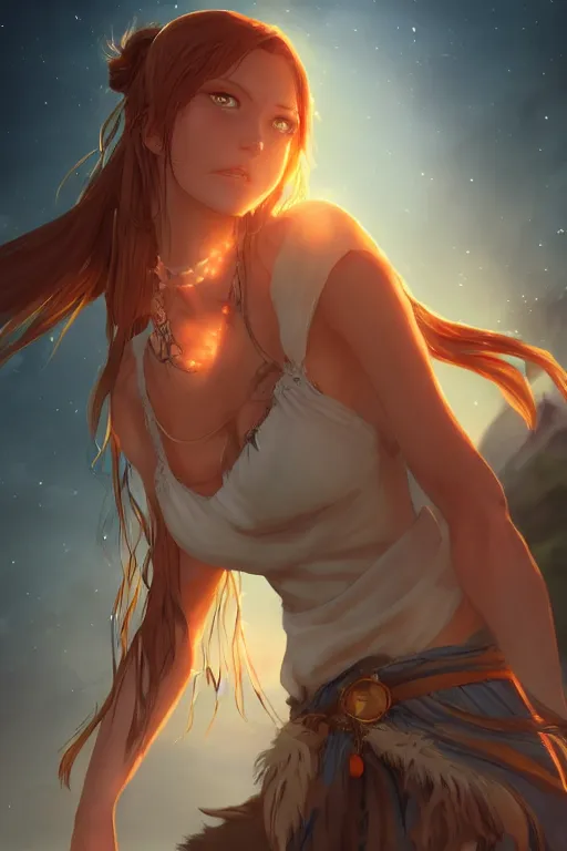 Image similar to long ginger hair, tanned woman in a prehistoric outfit, green eyes, fang necklace, by artgerm, hair tied in a ponytail, white backdrop, soft lighting, night scene, by greg rutkowski makoto shinkai takashi takeuchi