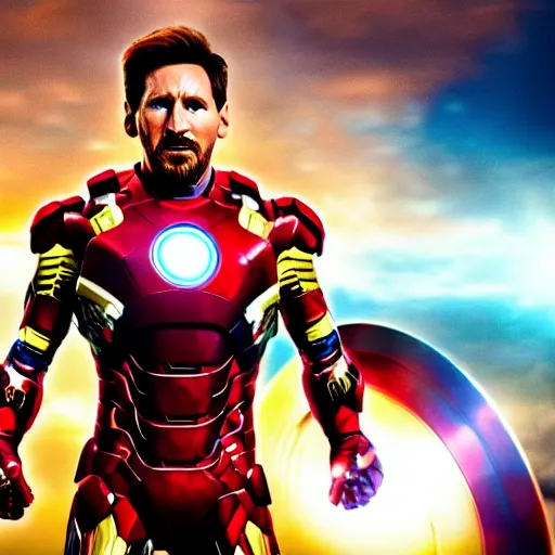 Image similar to Lionel Messi as Ironman in The Avengers, Marvel, Film Still, 35mm dramatic lighting, cinematic, deep focus, styleframe,