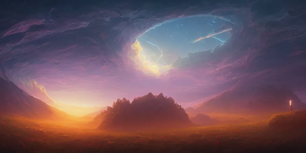 Prompt: a thousand circular magical portals in the sky over a landscape,, alena aenami, petros afshar, noah bradley, anton fadeev, steve henderson, filip hodas, mark keathley, thomas kinkade, phil koch, gilbert williams, mike winkelmann, beeple