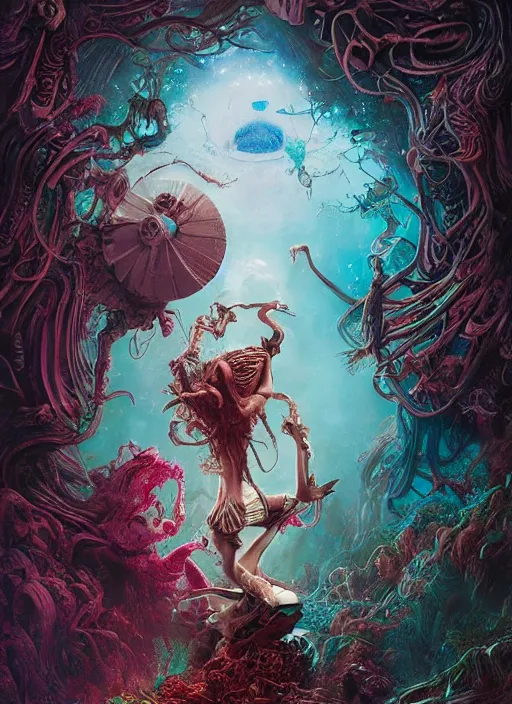 Image similar to alice in wonderland, polynesian god, alien, highly detailed, cinematic, 8 k, by megan duncanson, benjamin lacombe, adrian borda, stanley artgermm, tom bagshaw, craig mullins, carne griffiths, ayami kojima, beksinski, giger, trending on deviantart, hyper detailed, horror, full of colour