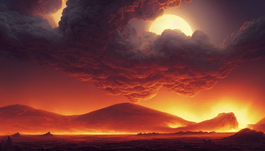 Image similar to moon crash into earth, armageddon, ruined city, realistic, burning sky, volcanic eruption, epic scale, by caspar david friedrich by james gilleard and justin gerard, artstation, smooth, sharp focus, by jean baptiste, octane render