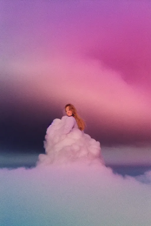 Image similar to high quality pastel coloured film close up wide angle photograph of a model wearing clothing resting on cloud furniture in a icelandic black rock!! environment in a partially haze filled dreamstate world. three point light, rainbow. photographic production. art directed. pastel colours. volumetric clouds. pastel gradient overlay. waves glitch artefacts. extreme facial clarity. 8 k. filmic.