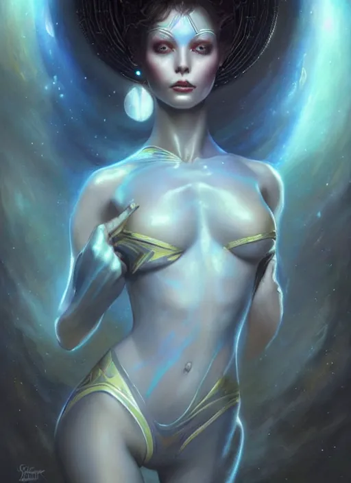 Image similar to a beautiful alien woman with sapphire skin, painted by artgerm and tom bagshaw, fantasy art, dramatic lighting, highly detailed oil painting