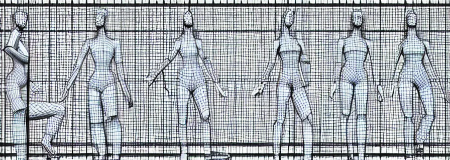 Image similar to pattern of anthropomorphic 3 d females looking like playboy models accompanying artificial intelligence blueprint