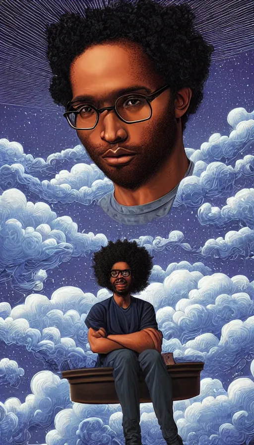 Prompt: a young black man with long curly hair wearing glasses, on cosmic cloudscape, italian futurism, Dan Mumford, da vinci, Josan Gonzalez