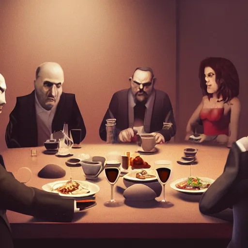 Image similar to a mafia family having dinner around a table, 3 d render octane, trending on artstation