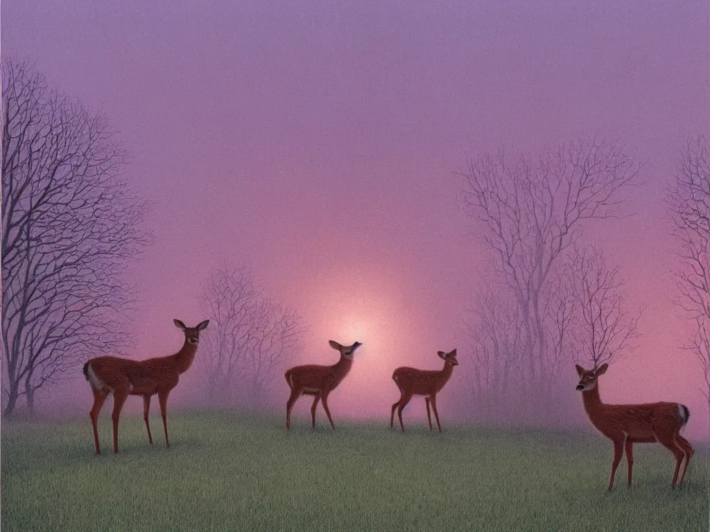 Image similar to young deer on a lawn of a suburban house, at eerie dusk, soft pink surreal light, by quint buchholz and by dean ellis