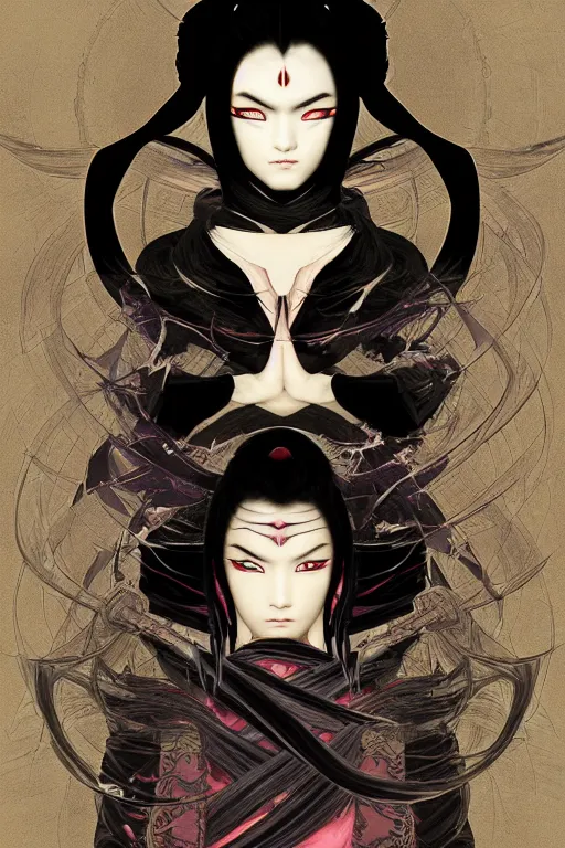 Prompt: beautiful Ninjutsu and evil and gorgerous and mythical female ninja portrait+shiny eyes+light flowing hair, in Ninja Mudra night ruin tokyo temple, ultradetail face, art and illustration by tian zi and craig mullins and WLOP and alphonse mucha, rim lght, fantasy, intricate complexity, human structure, fantasy world concept, watermark, blurry, hyperrealism 8k