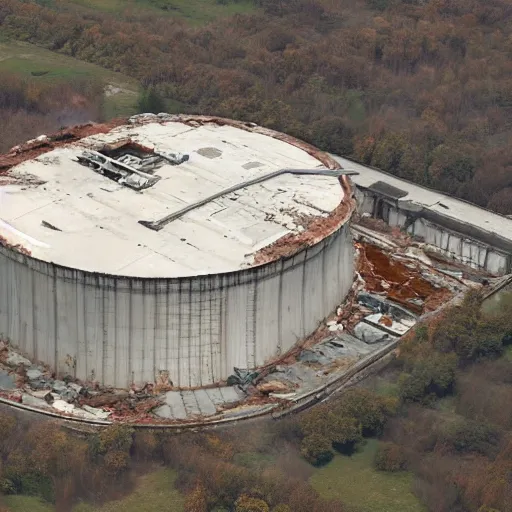 Image similar to top down aerial view of dilapidated nuclear plant with cooling tower in real life, desolate with zombies, dilapidated, zombies in the streets, nightmarish, some rusted style pipes, sunny weather, few clouds, volumetric lighting, photorealistic, daytime, autumn, sharp focus, ultra detailed, cgsociety