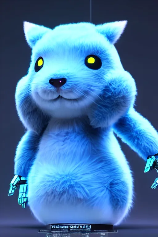 Image similar to high quality 3 d render sci - fi very cute mecha with head of fluffy! wombat!! dancing, highly detailed, unreal engine cinematic smooth, in the style of detective pikachu & blade runner, hannah yata charlie immer, dark blue neon light, low angle, uhd 8 k, sharp focus