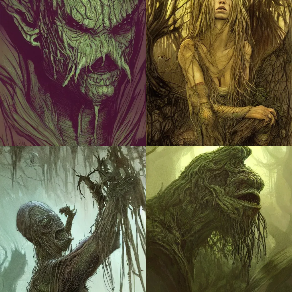Prompt: a swamp monster, highly detailed face,, realistic, beautiful fantasy art, d & d, lord of the rings, in the style of jeffrey catherine jones and louis janmot, pleasant cozy atmosphere, illustration, fantasy, intricate, hyper detailed, artstation, concept art, smooth, sharp focus, ray tracing, vibrant, waist - up