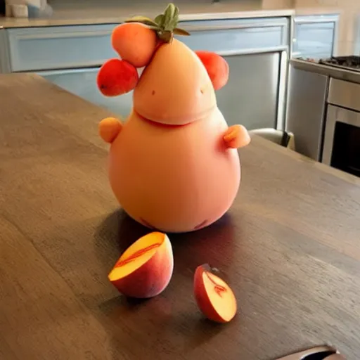 Image similar to a peach inspired creature dancing in a kitchen, kitchen interior, highly detailes