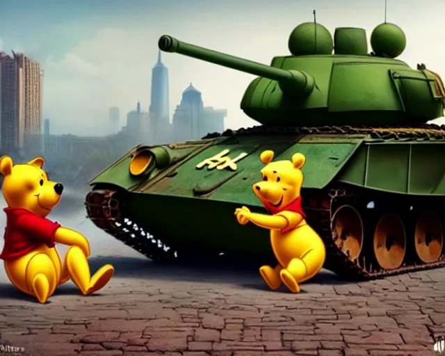 Image similar to winnie the pooh protesters sit down in front of tank at tiananman square, cute and cuddly, highly detailed, photorealistic, octane render, 8 k, unreal engine. art by artgerm and greg rutkowski and alphonse mucha