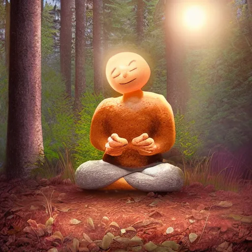 Prompt: a muffin man meditating in a forest at night, very detailed digital art