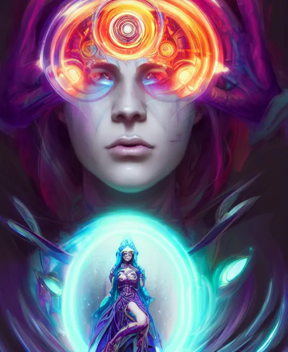 Image similar to whirlwind of souls rushing inside the metaverse, half body, glowin eye, tiara, pharaoh, android, cyborg, cyberpunk face, by loish, d & d, fantasy, intricate, elegant, highly detailed, colorful, vivid color, digital painting, artstation, concept art, art by artgerm and greg rutkowski and alphonse mucha and ruan jia