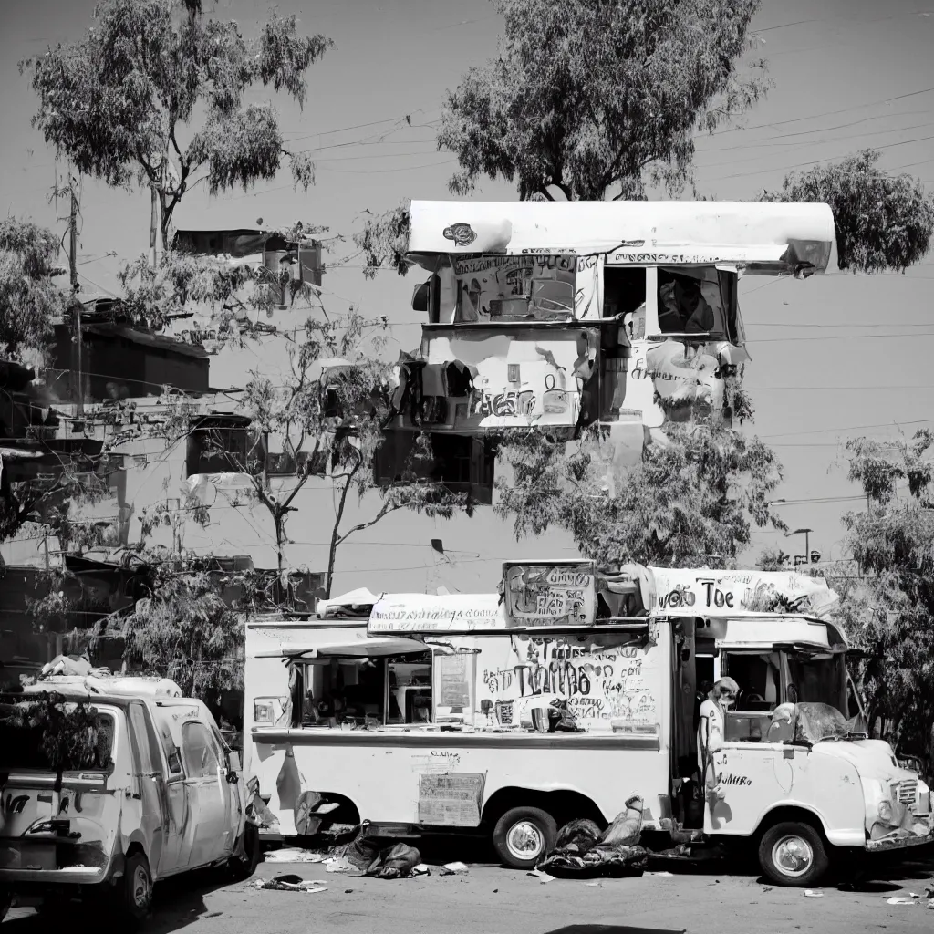 Image similar to photo of a taco truck in street view on reseda blvd in van nuys california, homeless encampment, 35mm film