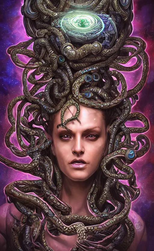 Prompt: highly detailed and intricately made HD mixed media digital artwork piece of an epic fantasy comic book style portrait painting of a very beautiful and intimidating nebulapunk Medusa with symmetrical facial features and lots of large cyberpunk cybernetic bio-luminiscent snakes as hair, awesome pose, centered, full body, vibrant dark mood, unreal 5, hyperrealistic, octane render, cosplay, RPG portrait, Sci-fi, arthouse, dynamic lighting, atmospheric lighting, Aetherpunk, intricate detail, cinematic, HDR digital painting, 8k resolution, enchanting, otherworldly, sense of awe, award winning picture, Hyperdetailed, blurred background, digital airbrush painting, backlight, 3d rim light, Gsociety, trending on ArtstationHQ, maximalist, dreamscape, Rococo, Baroque, surreal dark art, iridiscent accents, Bokeh, cosmic horror, lovecraftian style, very accurately symmetrical portrait, glowing rich colors, 300 DPI, 3d final render, 3d shading, psychedelic highlights, dramatic shadows, anamorphic lens, concept art, smooth illustration, ethereal bubbles, psychedelic overtones