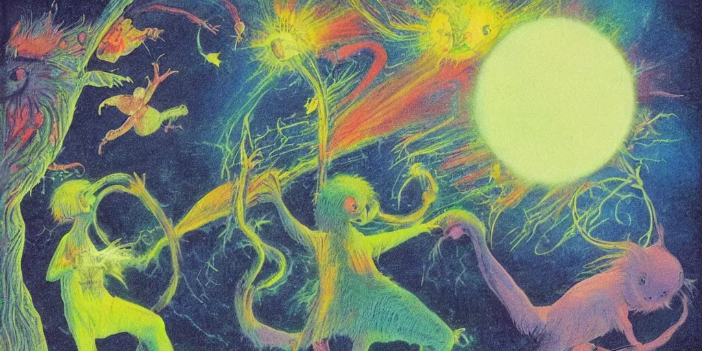 Image similar to dawn of creation; first atom; beings of light and darkness; ethereal plane. Bright neon colors. illustrated by maurice sendak and Stephen Gammell and ERIC CARLE