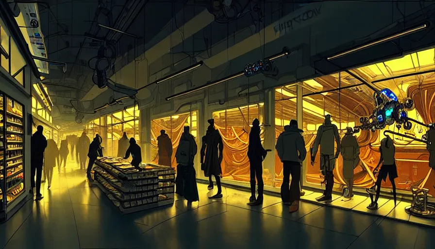 Image similar to inside a robotic shop store in The City of Lisbon at night with a few customers, extreme plus resolution scifi concept art, intricate details to everything visible, sharp lighting, Dramatic light by denis villeneuve, strong emphasis on alphonse mucha, Makoto Shinkai