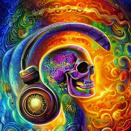 Prompt: portrait of a fantasycore glitchcore pristine skull wearing headphones. intricate abstract. intricate artwork. celestial. psychdelic. prismatic, by josephine wall, by gilbert williams, pixar, ghibli. octane render, CGSociety very coherent symmetrical artwork. cinematic, hyper realism, high detail, octane render, 8k, holographic accents